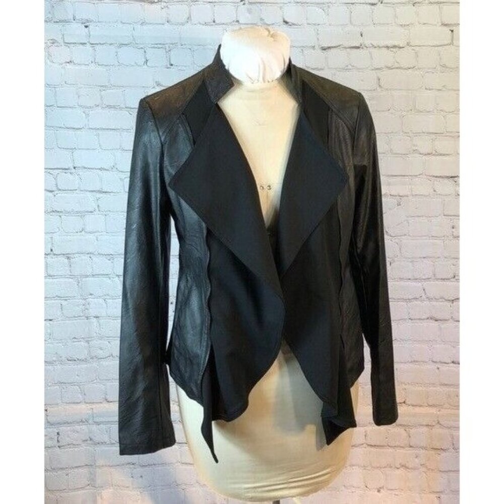 HALO Faux Leather Moto Open Jacket Black Spandex Inserts Back & Front Medium